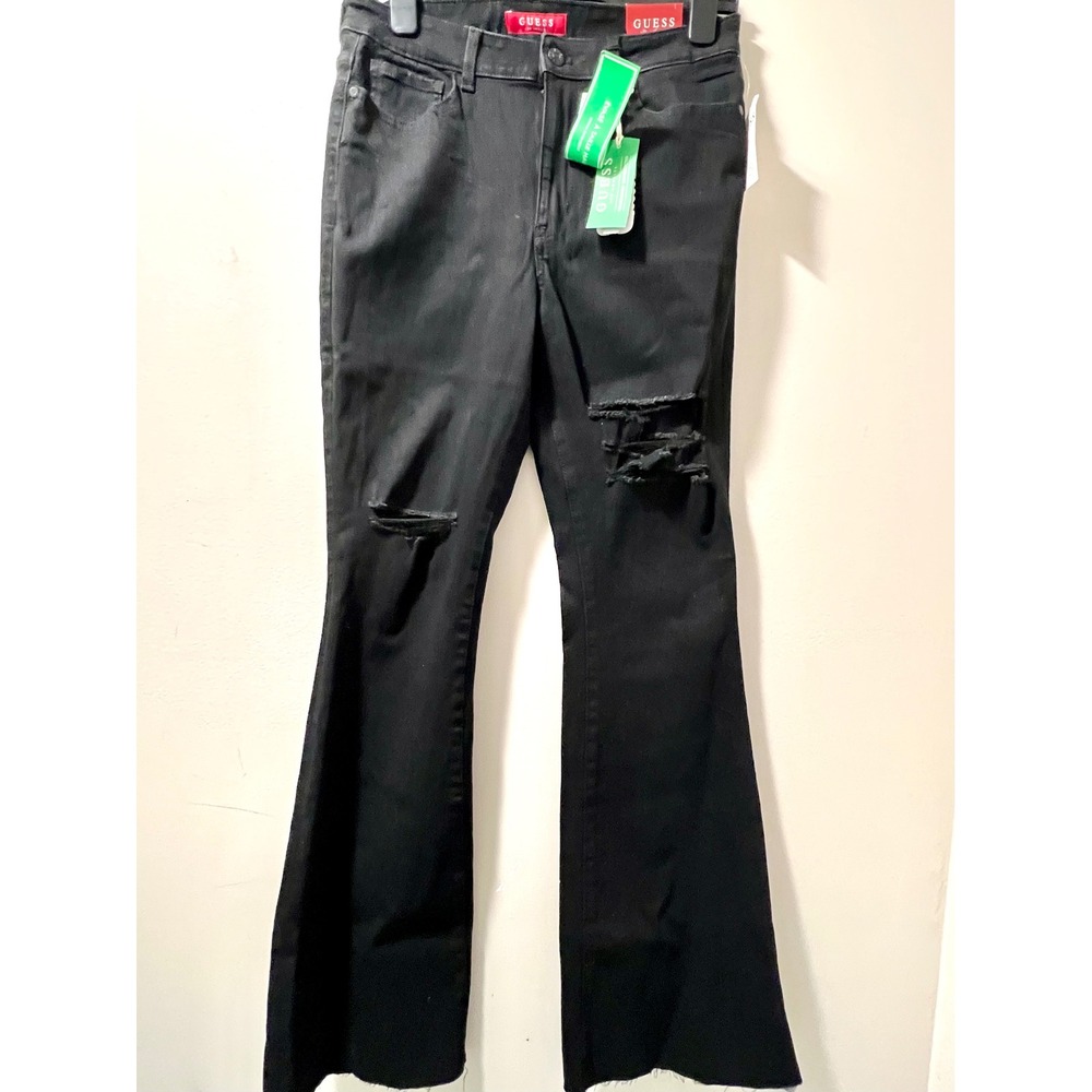 Guess Los Angeles Womens Black High Rise Distressed Flare Jeans Bell Bottoms NWT